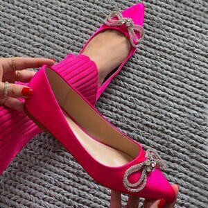 New Fuchsia Hot Pink Rhinestone Crystal Bow Ballet Flats Ballerina Slip-On Shoes
